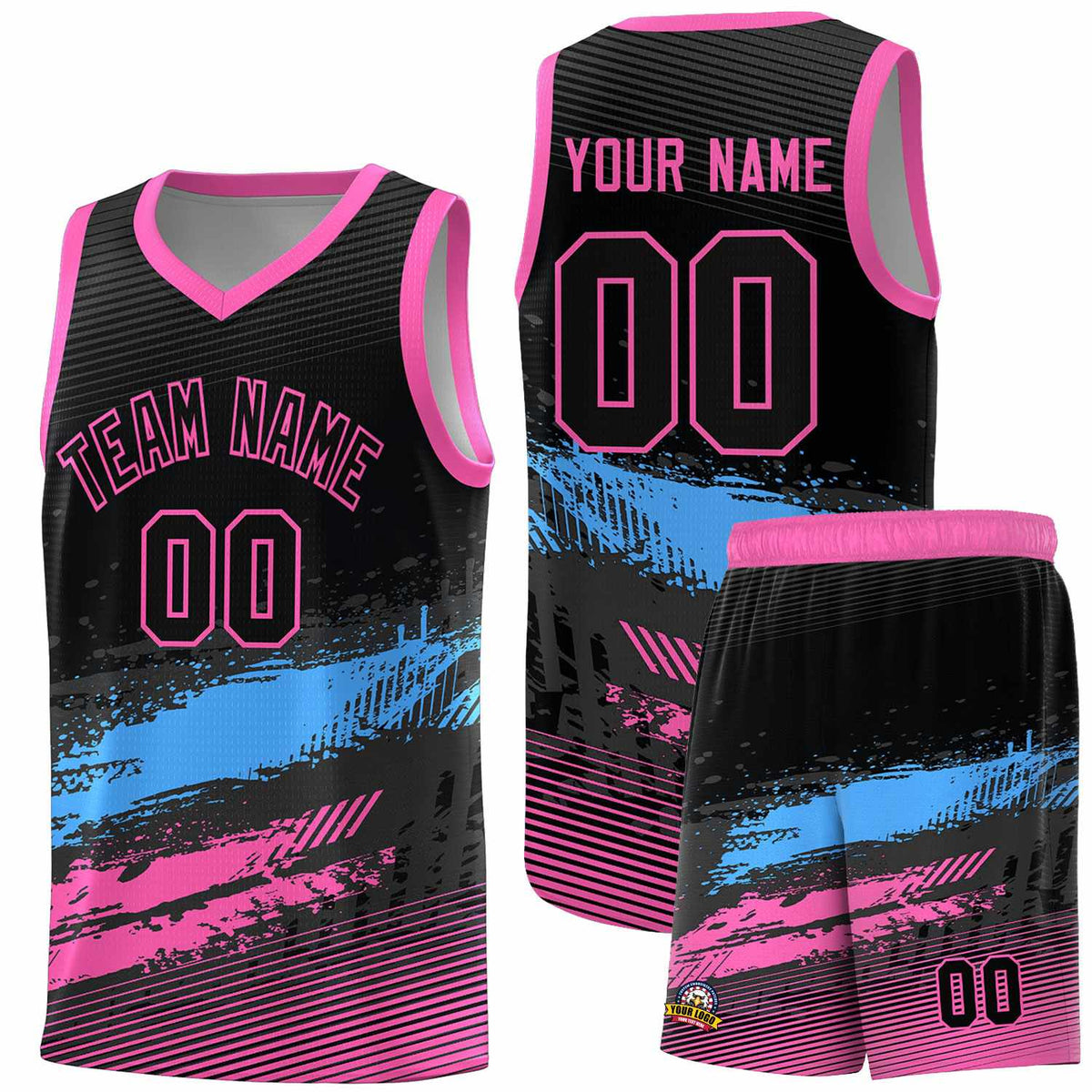Custom Black Powder Blue and Pink Graffiti Pattern Sports Uniform Basketball Jersey|KXKSHOP