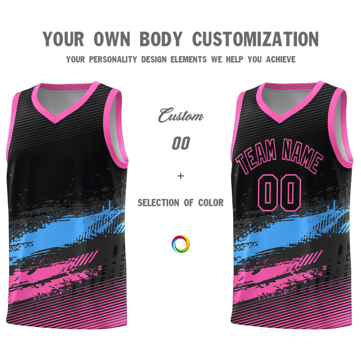 Custom Black Powder Blue and Pink Graffiti Pattern Sports Uniform Basketball Jersey|KXKSHOP