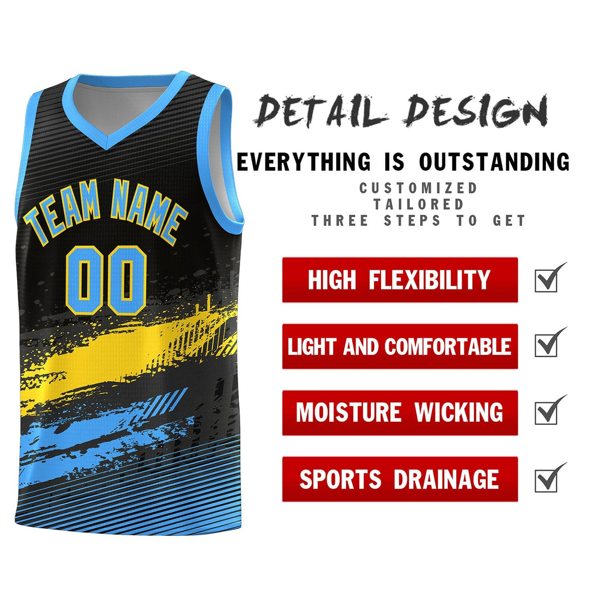 Custom Black Gold and Powder Blue Graffiti Pattern Sports Uniform Basketball Jersey|KXKSHOP