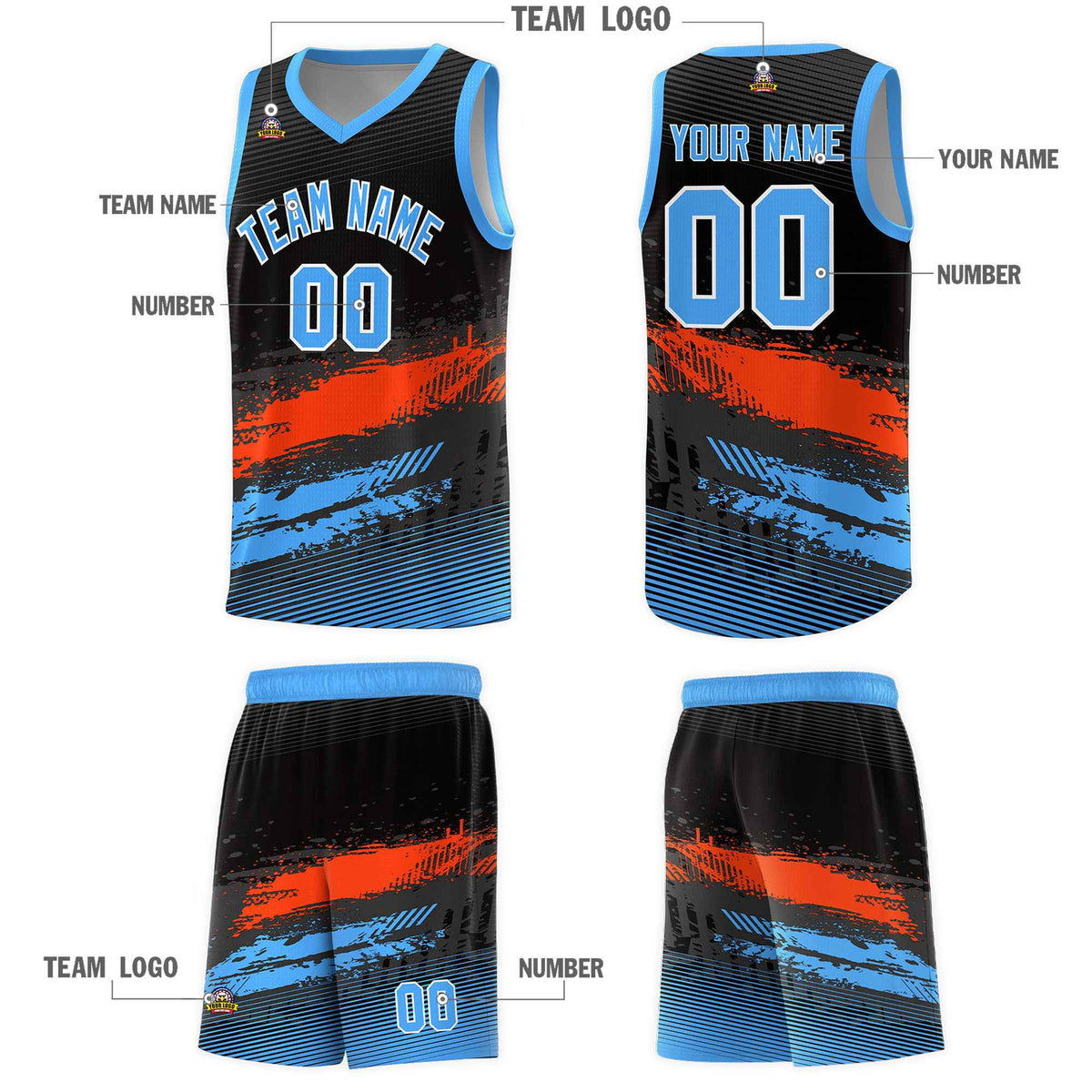 Custom Black Orange and Powder Blue Graffiti Pattern Sports Uniform Basketball Jersey|KXKSHOP