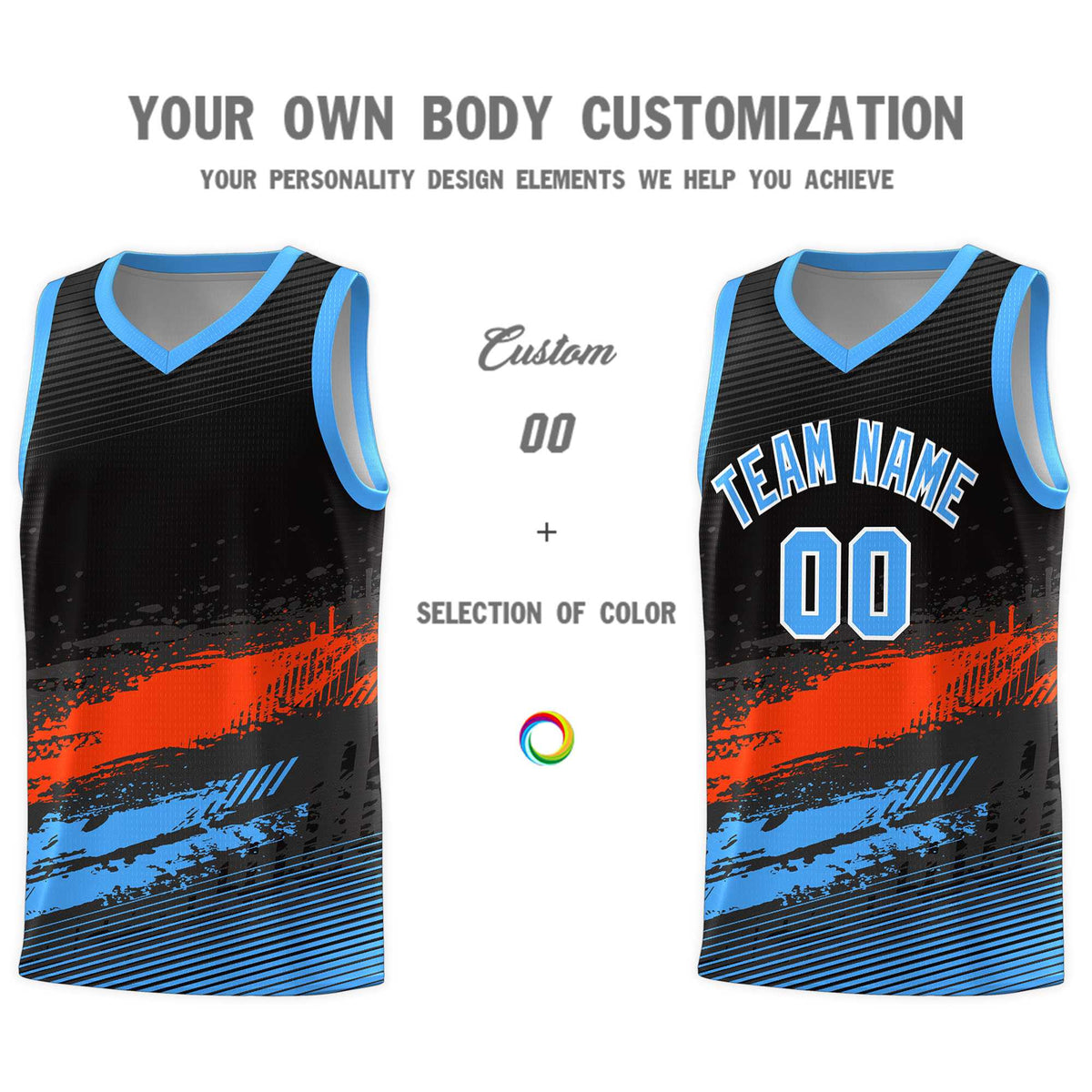 Custom Black Orange and Powder Blue Graffiti Pattern Sports Uniform Basketball Jersey|KXKSHOP
