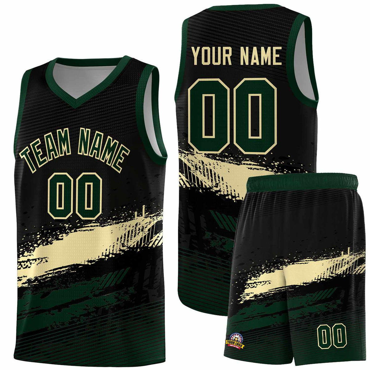 Custom Black Cream and Hunter Green Graffiti Pattern Sports Uniform Basketball Jersey|KXKSHOP