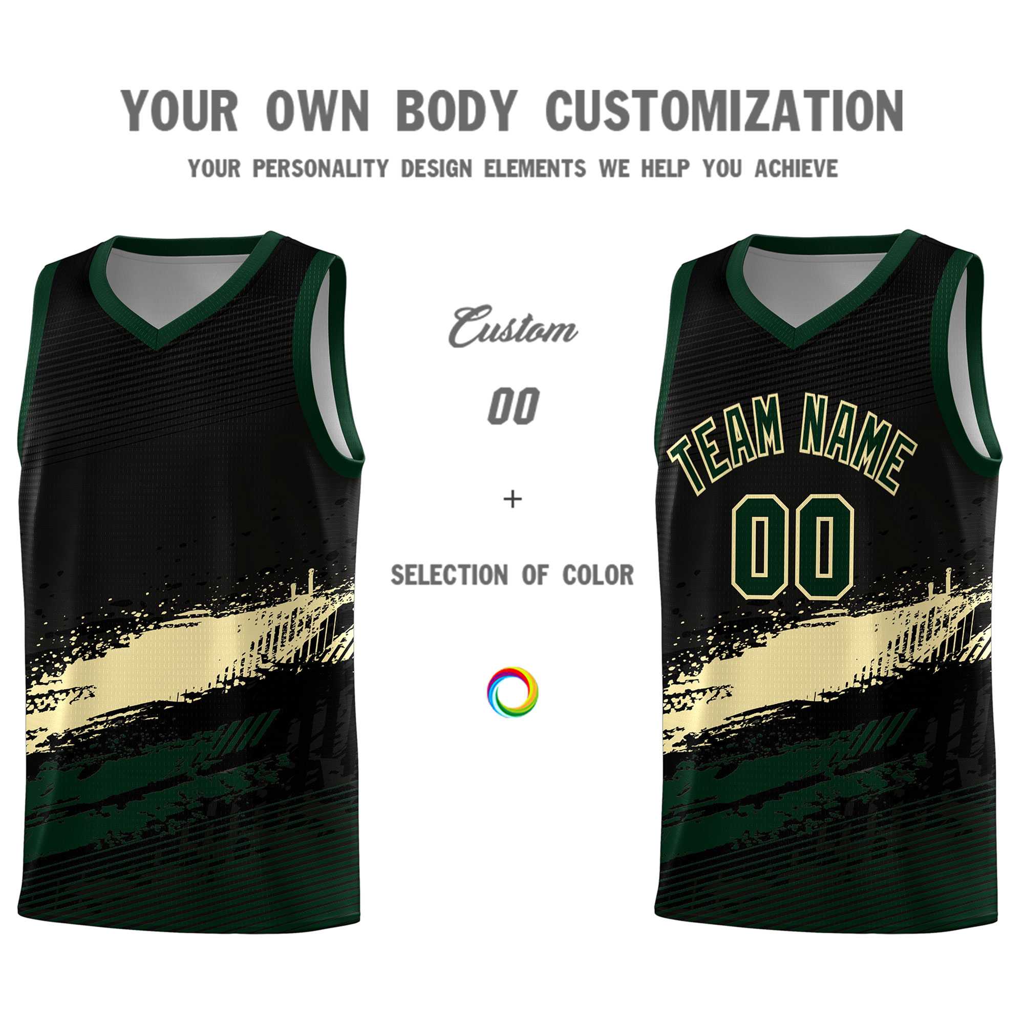 Custom Black Cream and Hunter Green Graffiti Pattern Sports Uniform Basketball Jersey|KXKSHOP