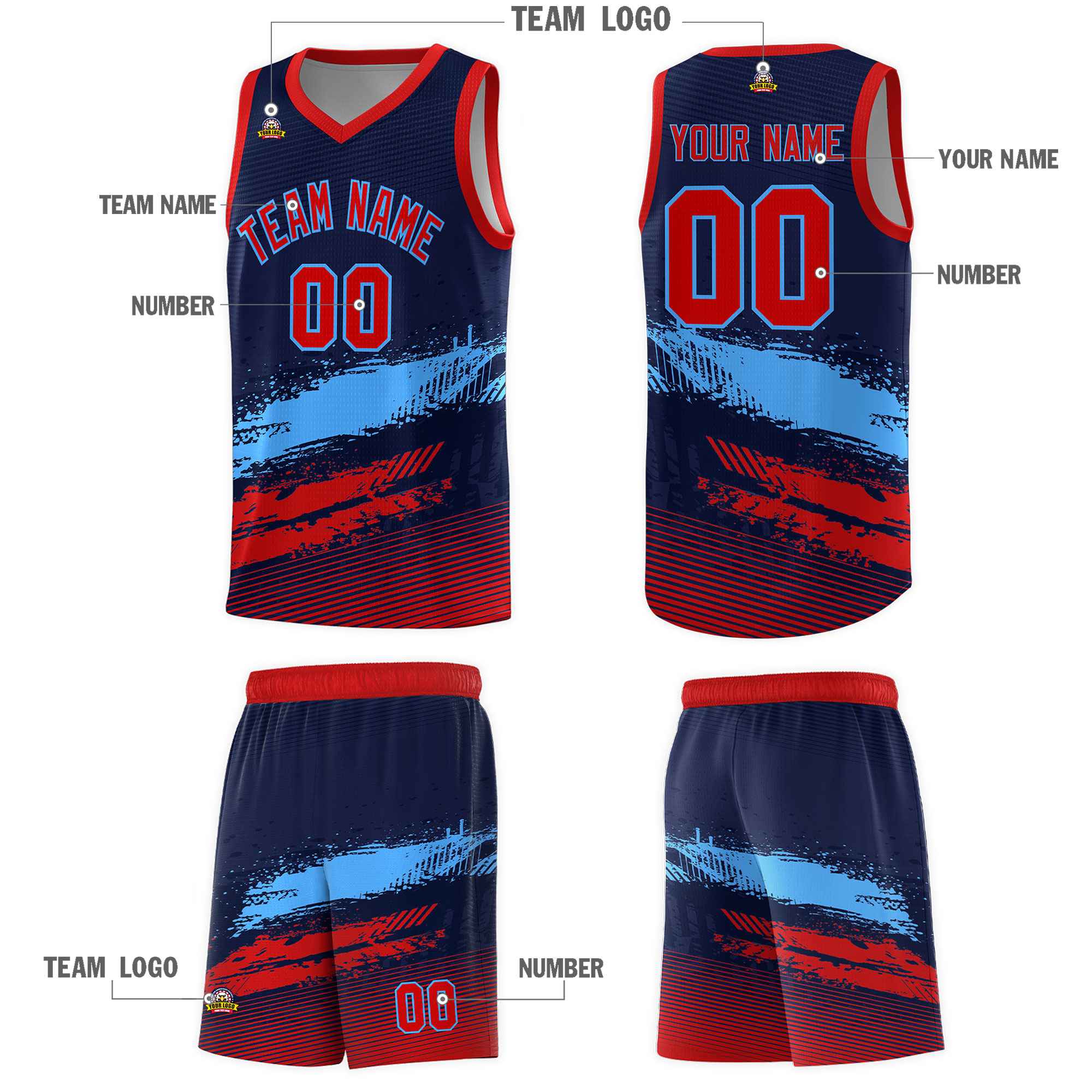 Custom Navy Powder Blue and Red Graffiti Pattern Sports Uniform Basketball Jersey|KXKSHOP