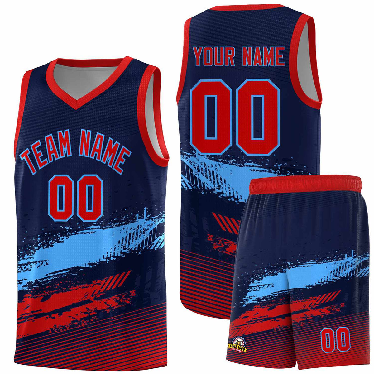 Custom Navy Powder Blue and Red Graffiti Pattern Sports Uniform Basketball Jersey|KXKSHOP