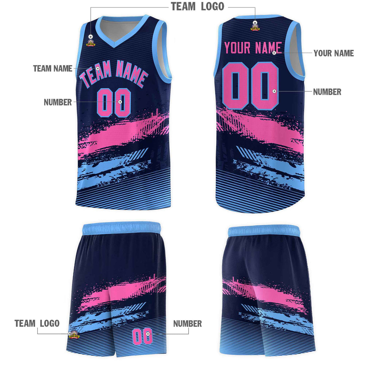 Custom Navy Pink and Powder Blue Graffiti Pattern Sports Uniform Basketball Jersey|KXKSHOP
