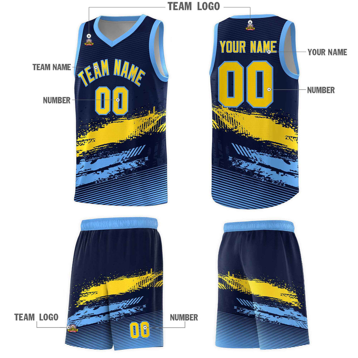 Custom Navy Gold and Powder Blue Graffiti Pattern Sports Uniform Basketball Jersey|KXKSHOP