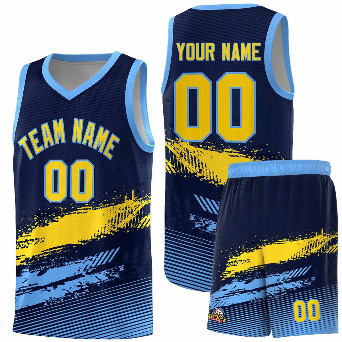 Custom Navy Gold and Powder Blue Graffiti Pattern Sports Uniform Basketball Jersey|KXKSHOP