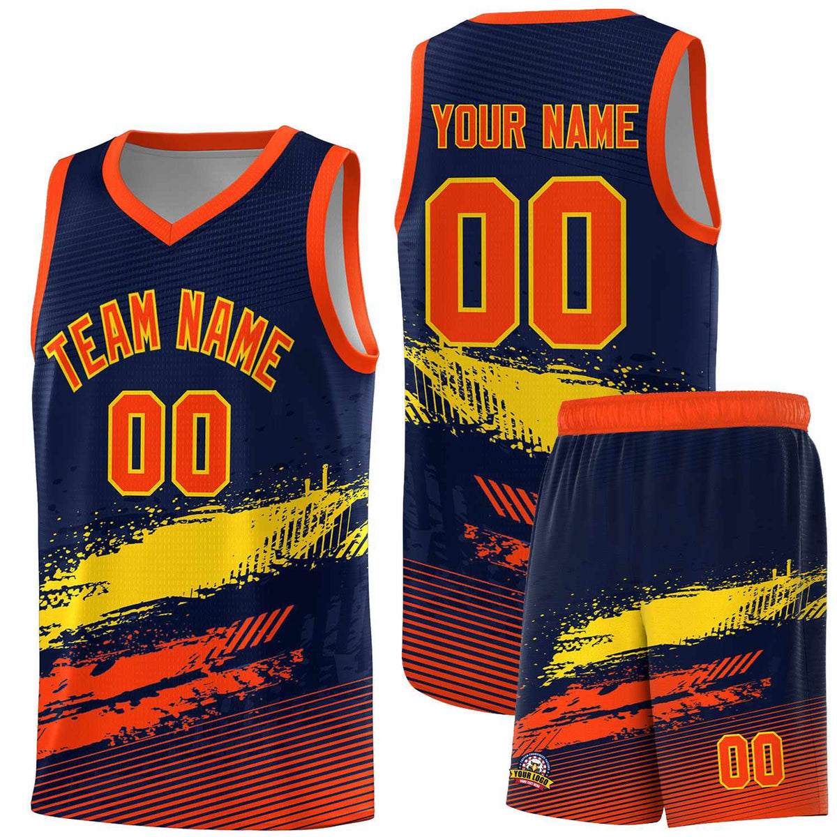Custom Navy Gold and Orange Graffiti Pattern Sports Uniform Basketball Jersey|KXKSHOP