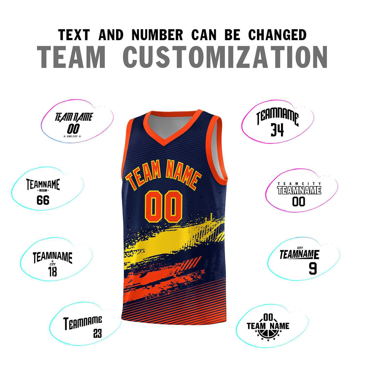 Custom Navy Gold and Orange Graffiti Pattern Sports Uniform Basketball Jersey|KXKSHOP
