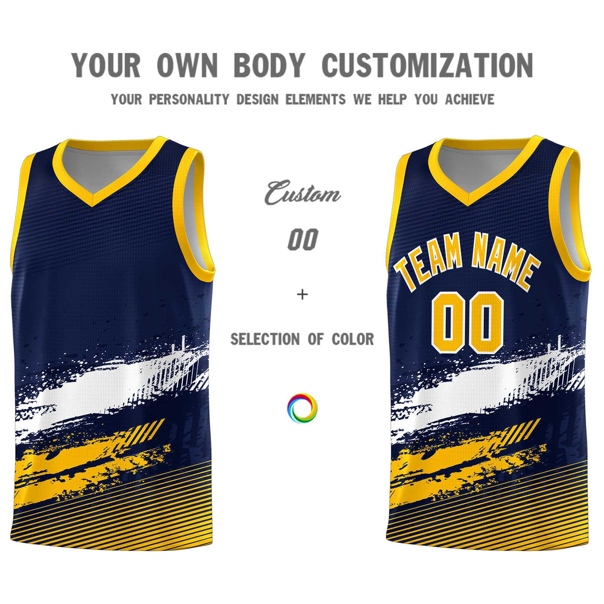 Custom Navy White and Yellow Graffiti Pattern Sports Uniform Basketball Jersey|KXKSHOP