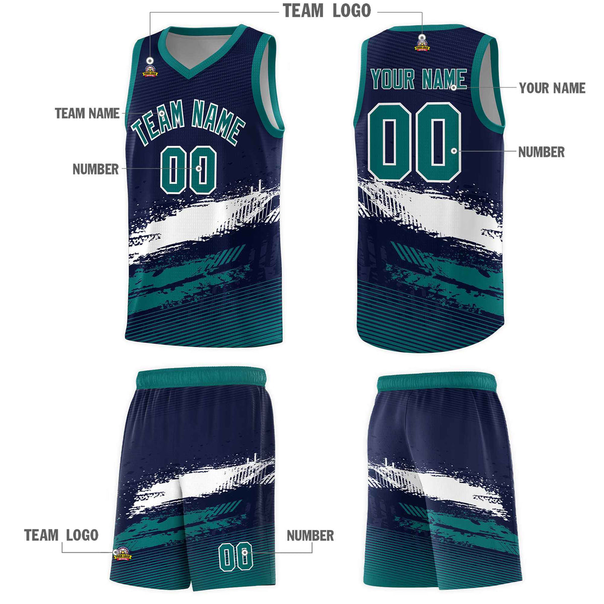 Custom Navy White and Aqua Graffiti Pattern Sports Uniform Basketball Jersey|KXKSHOP