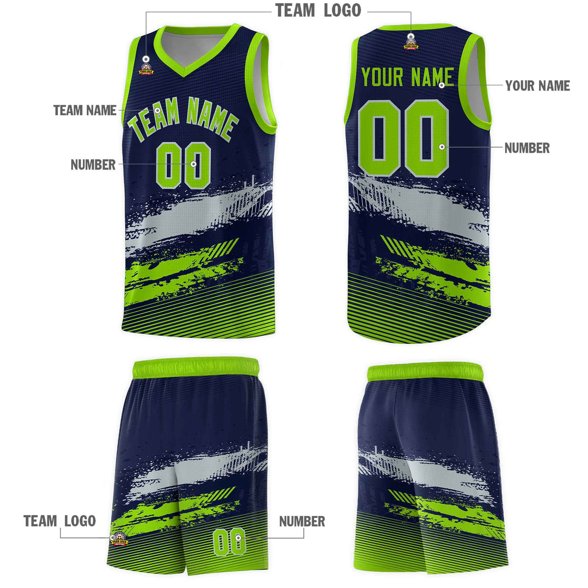 Custom Navy Gray and Neon Green Graffiti Pattern Sports Uniform Basketball Jersey|KXKSHOP