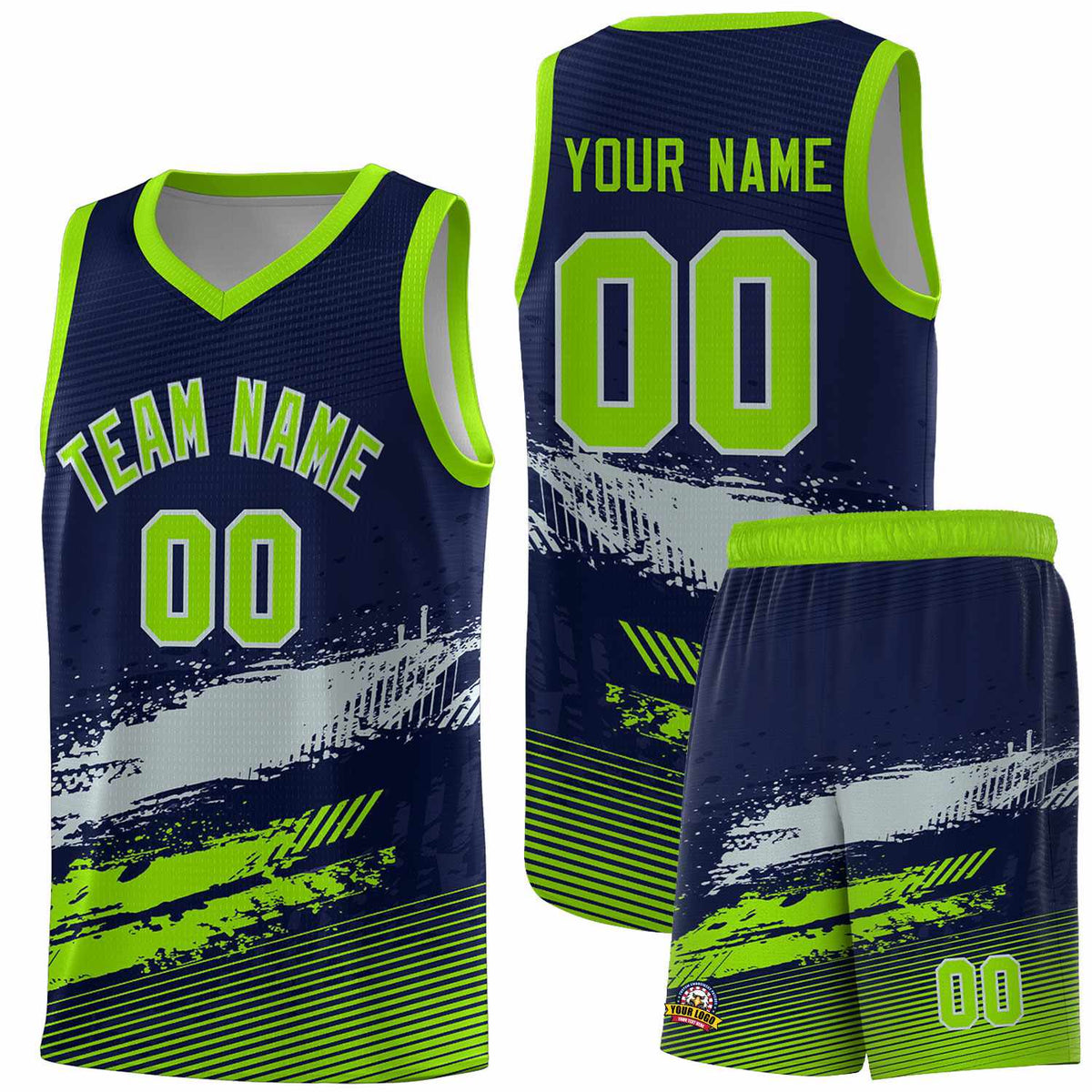 Custom Navy Gray and Neon Green Graffiti Pattern Sports Uniform Basketball Jersey|KXKSHOP