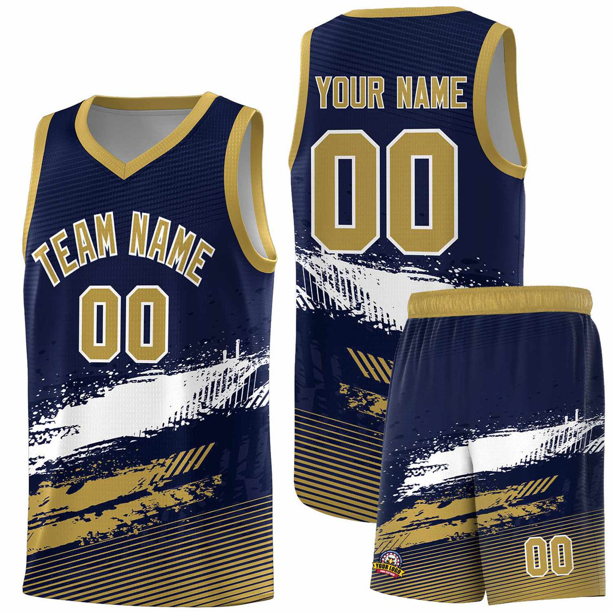 Custom Navy White and Old Gold Graffiti Pattern Sports Uniform Basketball Jersey|KXKSHOP