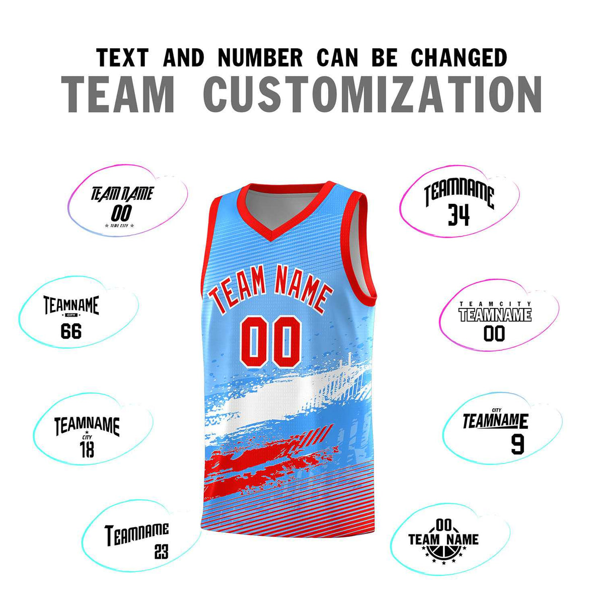 Custom Powder Blue White and Red Graffiti Pattern Sports Uniform Basketball Jersey|KXKSHOP