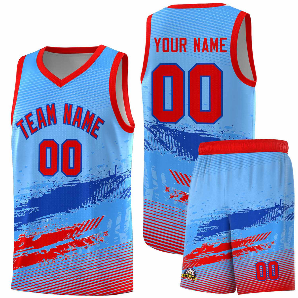 Custom Powder Blue Royal and Red Graffiti Pattern Sports Uniform Basketball Jersey|KXKSHOP