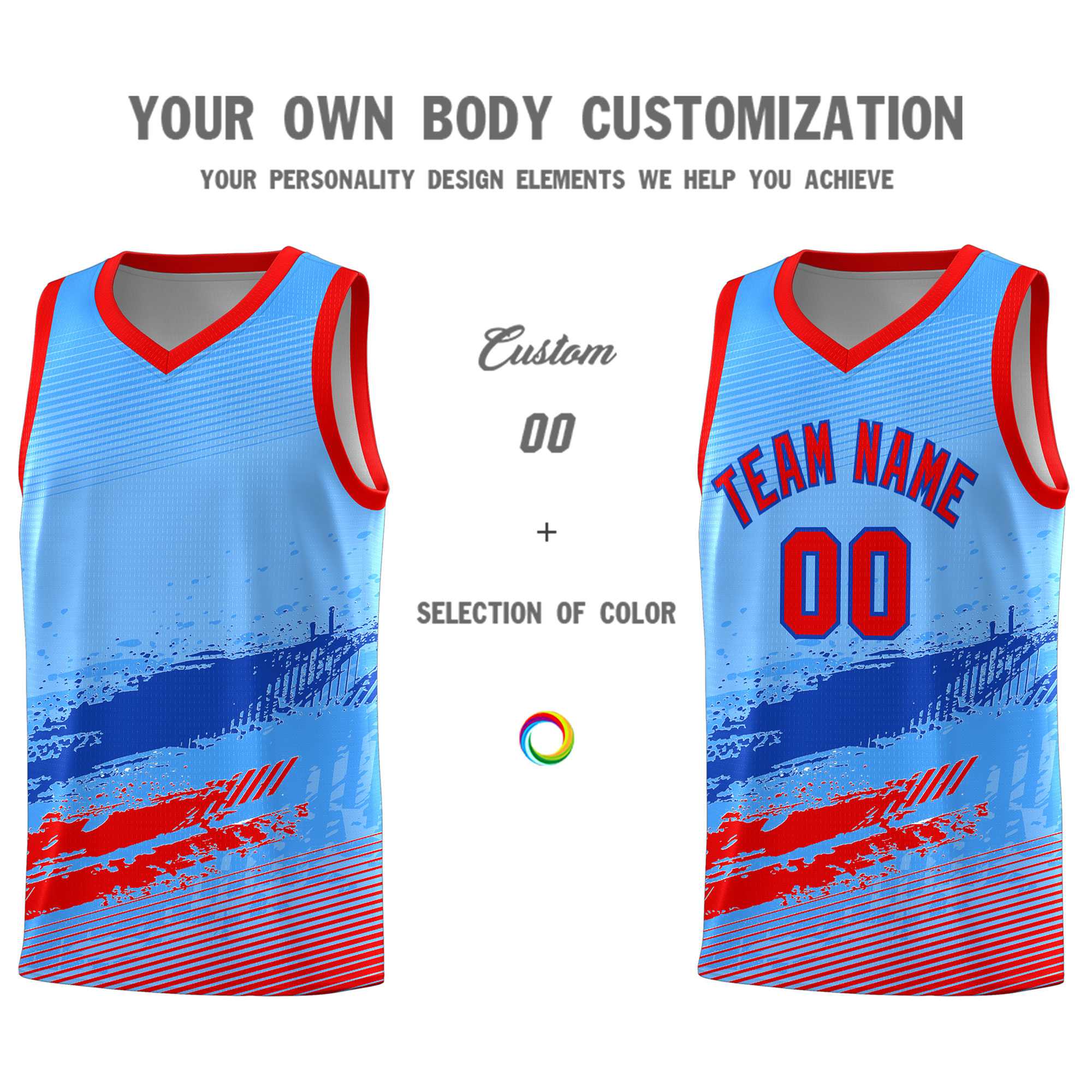 Custom Powder Blue Royal and Red Graffiti Pattern Sports Uniform Basketball Jersey|KXKSHOP