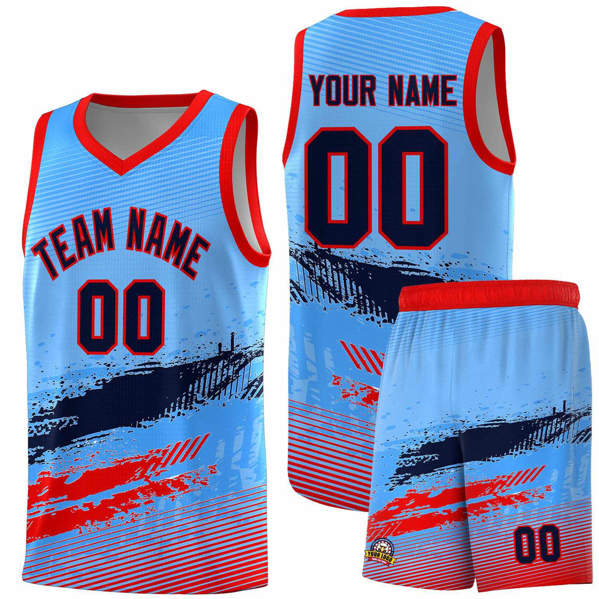 Custom Powder Blue Navy and Red Graffiti Pattern Sports Uniform Basketball Jersey|KXKSHOP