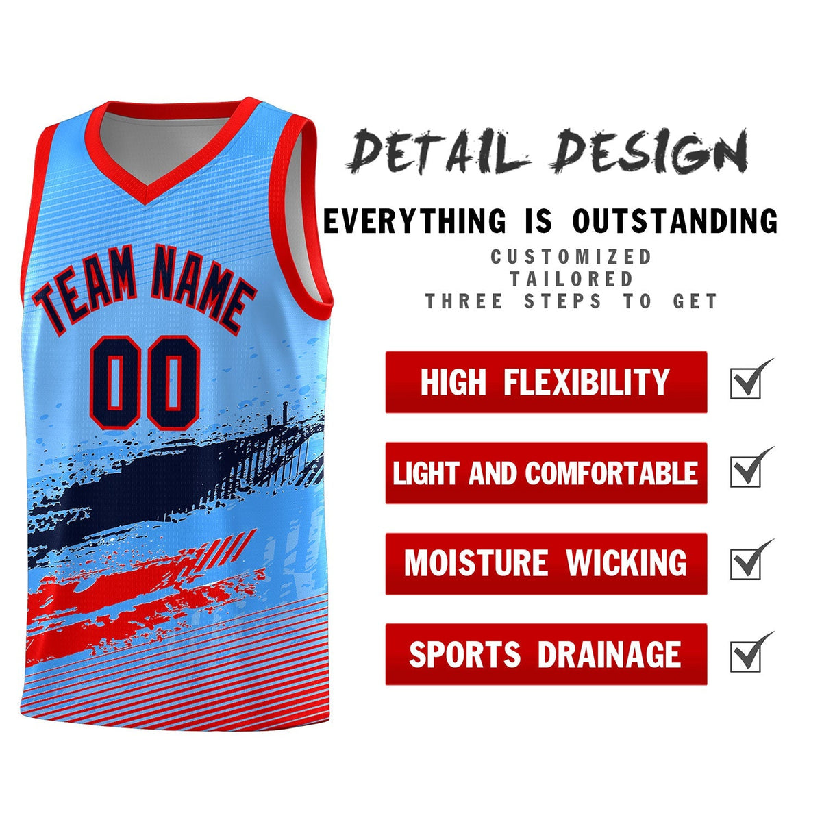 Custom Powder Blue Navy and Red Graffiti Pattern Sports Uniform Basketball Jersey|KXKSHOP