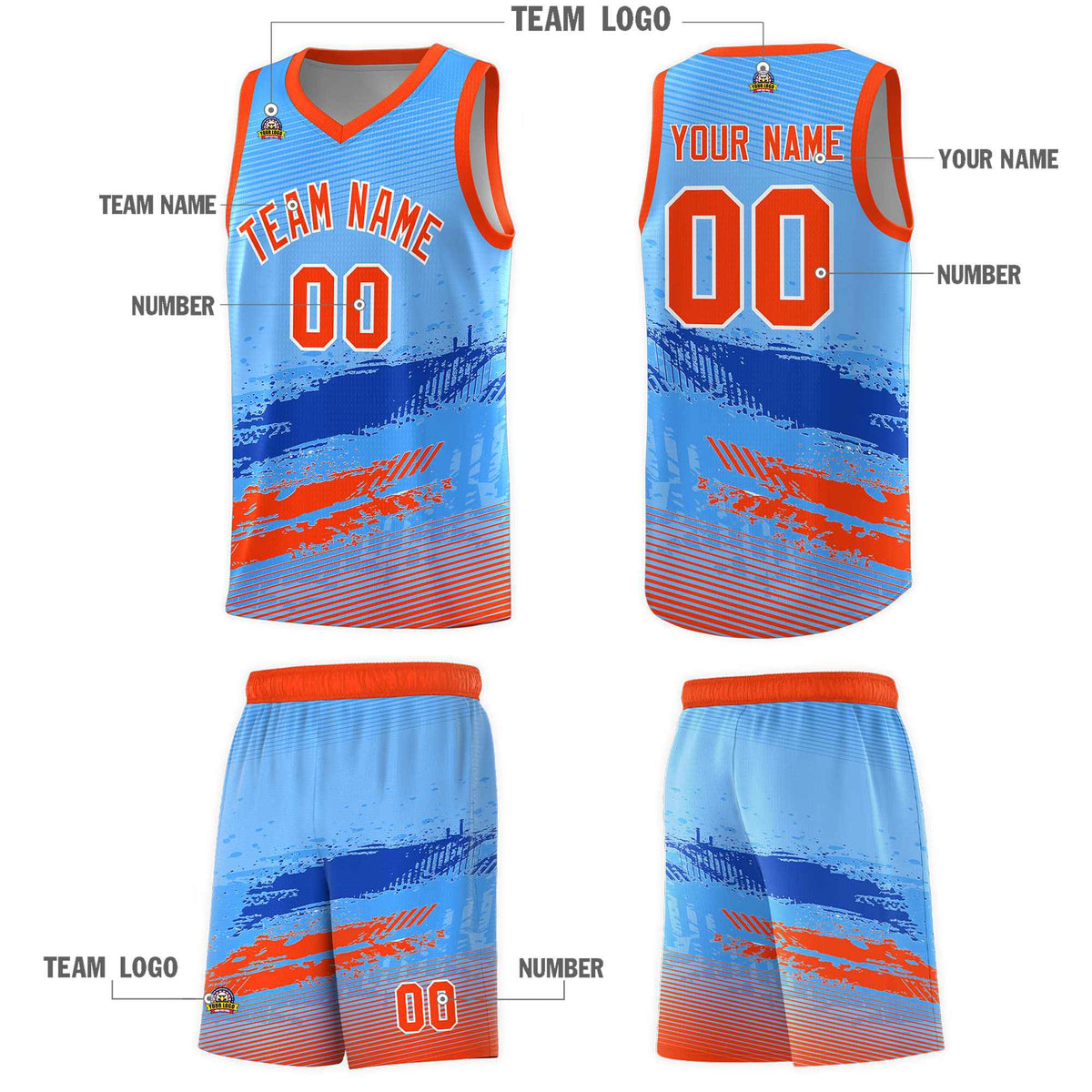 Custom Powder Blue Royal and Orange Graffiti Pattern Sports Uniform Basketball Jersey|KXKSHOP