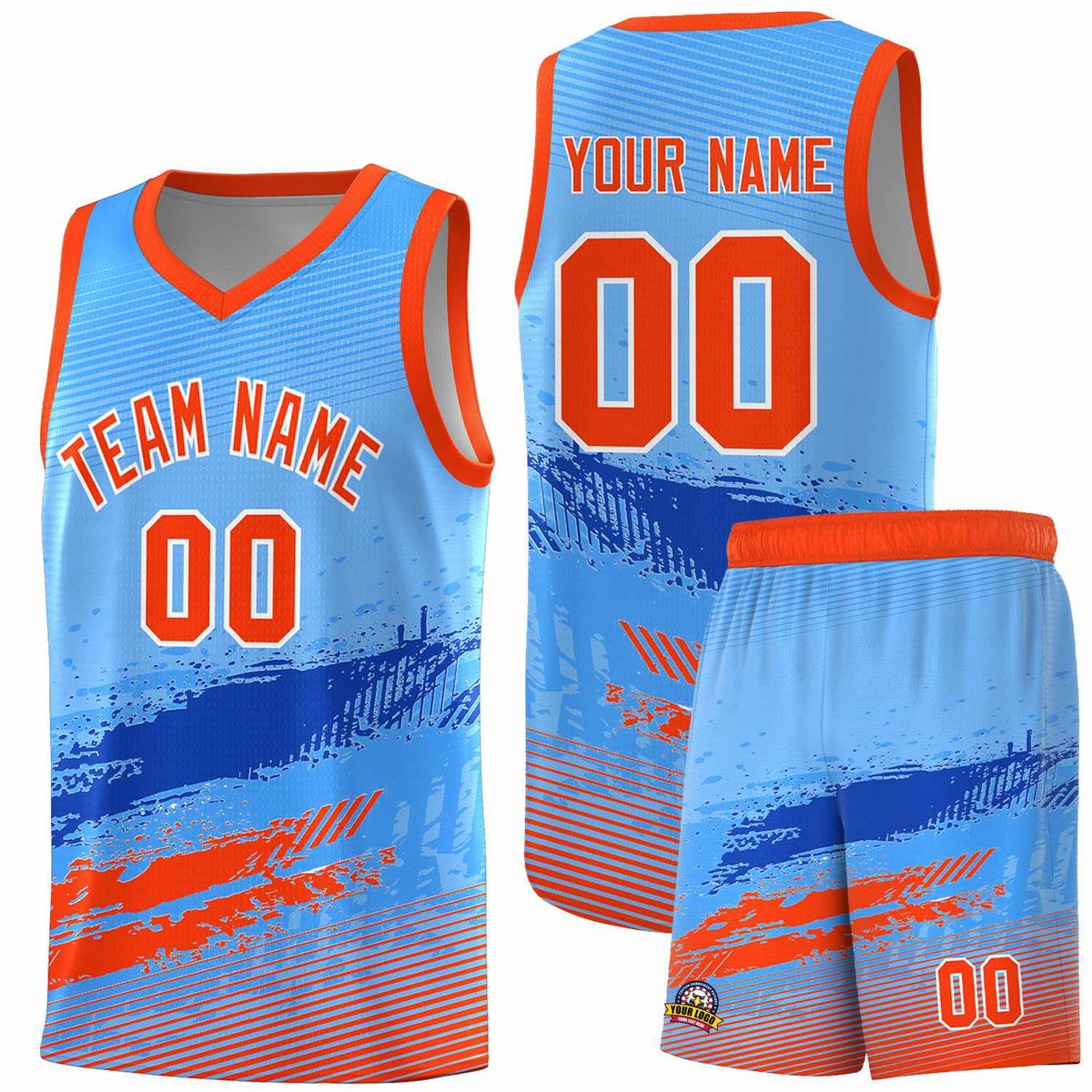 Custom Powder Blue Royal and Orange Graffiti Pattern Sports Uniform Basketball Jersey|KXKSHOP