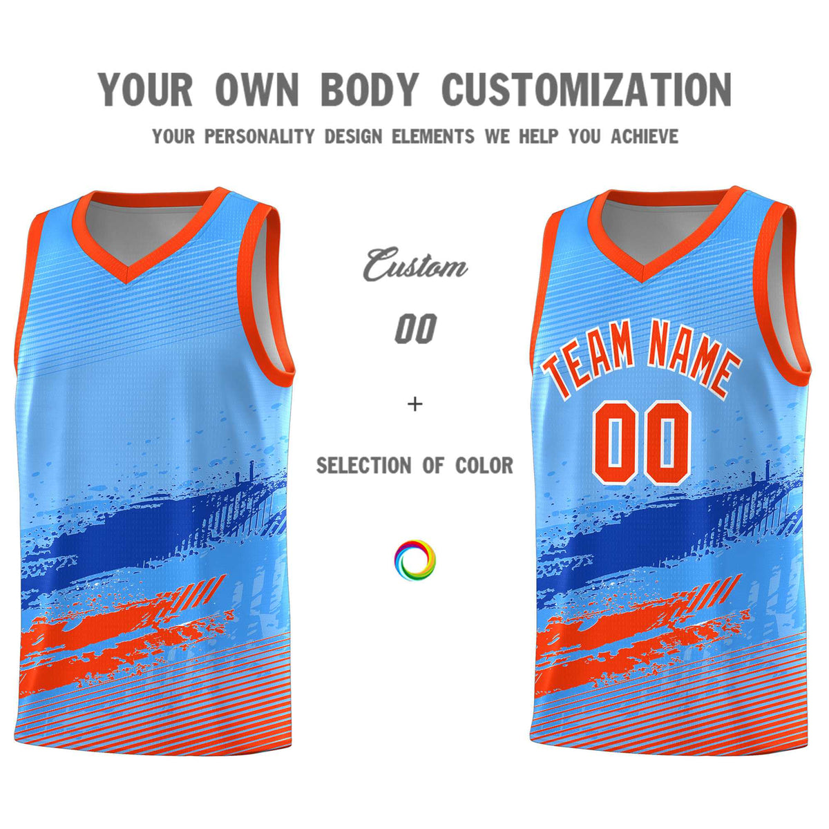 Custom Powder Blue Royal and Orange Graffiti Pattern Sports Uniform Basketball Jersey|KXKSHOP