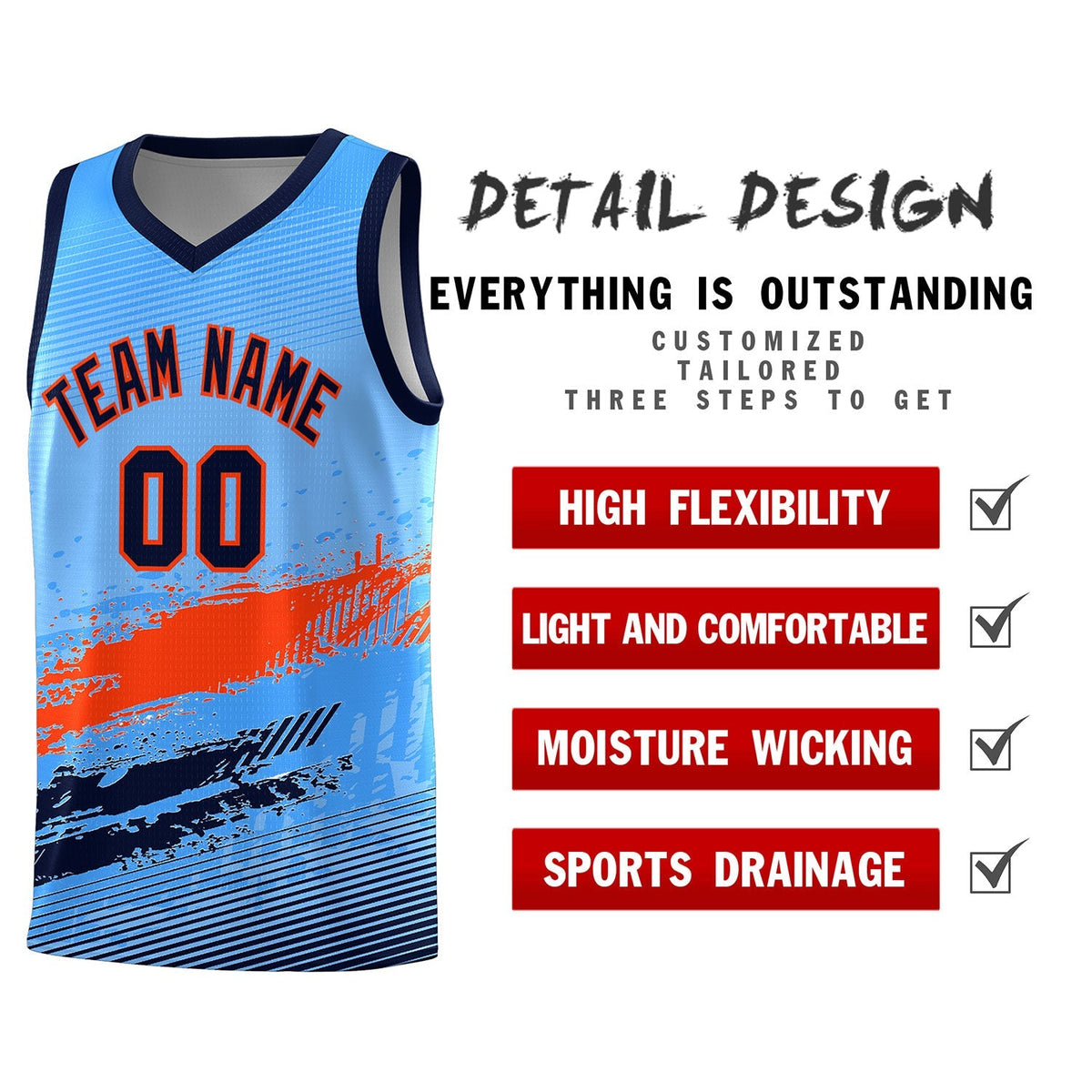 Custom Powder Blue Orange and Navy Graffiti Pattern Sports Uniform Basketball Jersey|KXKSHOP