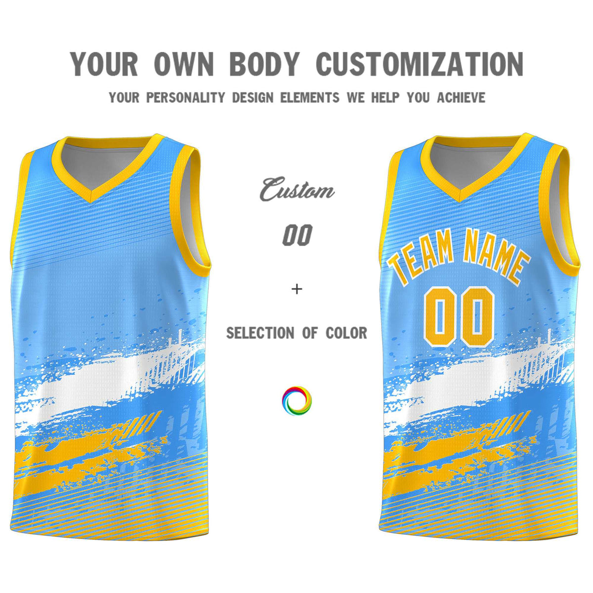 Custom Powder Blue White and Yellow Graffiti Pattern Sports Uniform Basketball Jersey|KXKSHOP