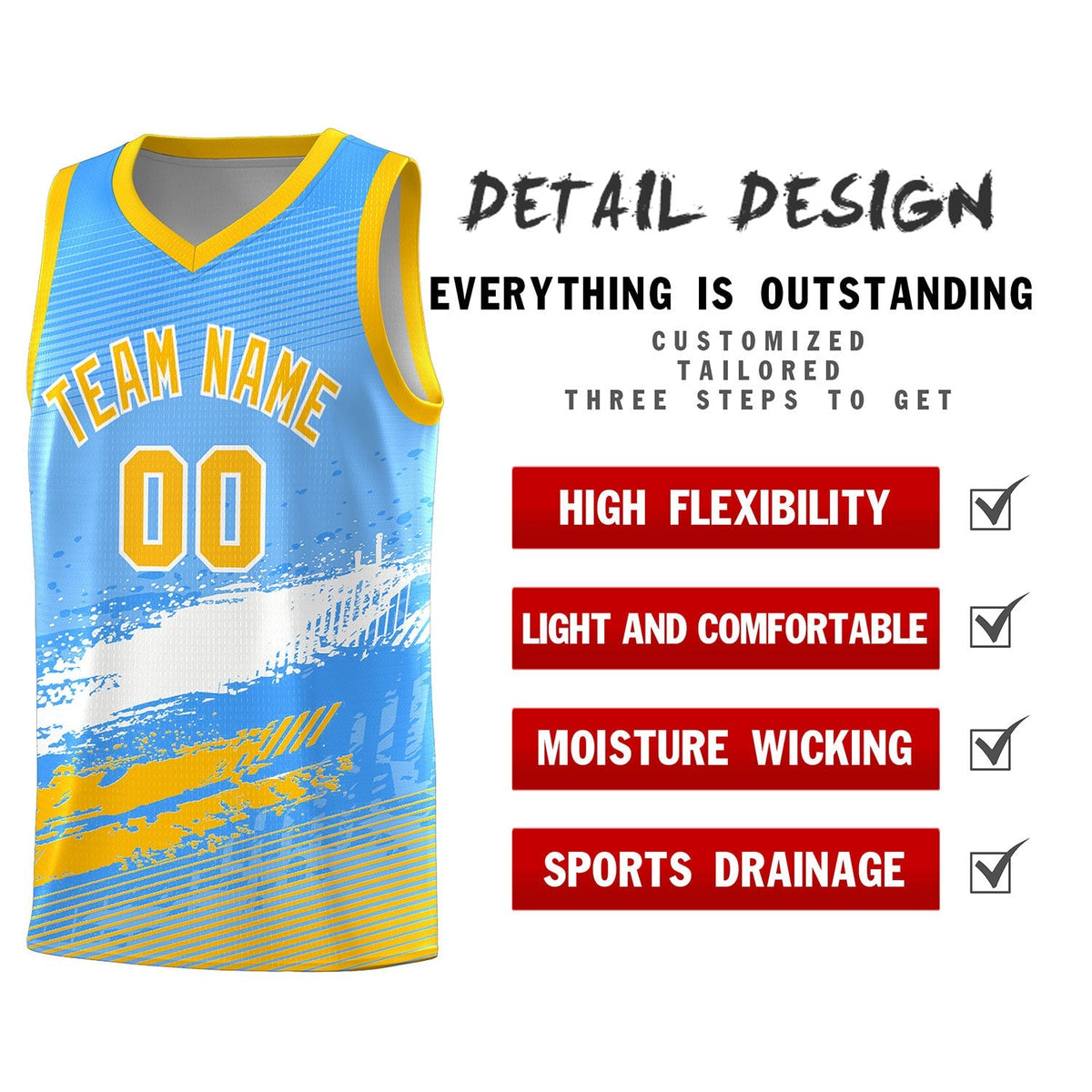 Custom Powder Blue White and Yellow Graffiti Pattern Sports Uniform Basketball Jersey|KXKSHOP