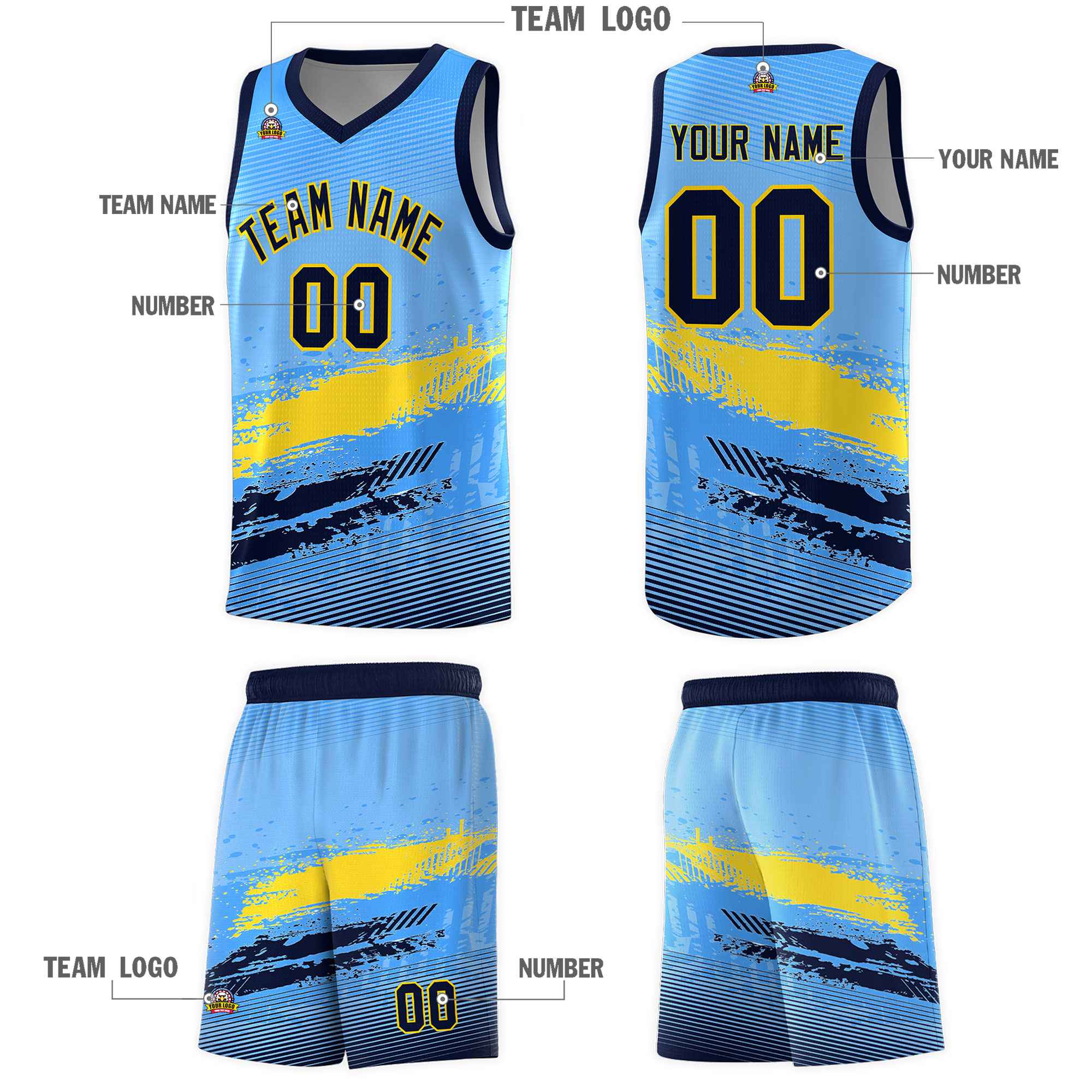 Custom Powder Blue Gold and Navy Graffiti Pattern Sports Uniform Basketball Jersey|KXKSHOP