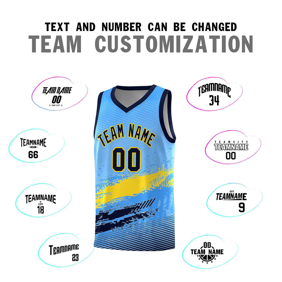 Custom Powder Blue Gold and Navy Graffiti Pattern Sports Uniform Basketball Jersey|KXKSHOP