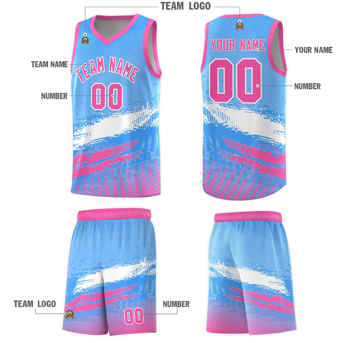 Custom Powder Blue White and Pink Graffiti Pattern Sports Uniform Basketball Jersey|KXKSHOP
