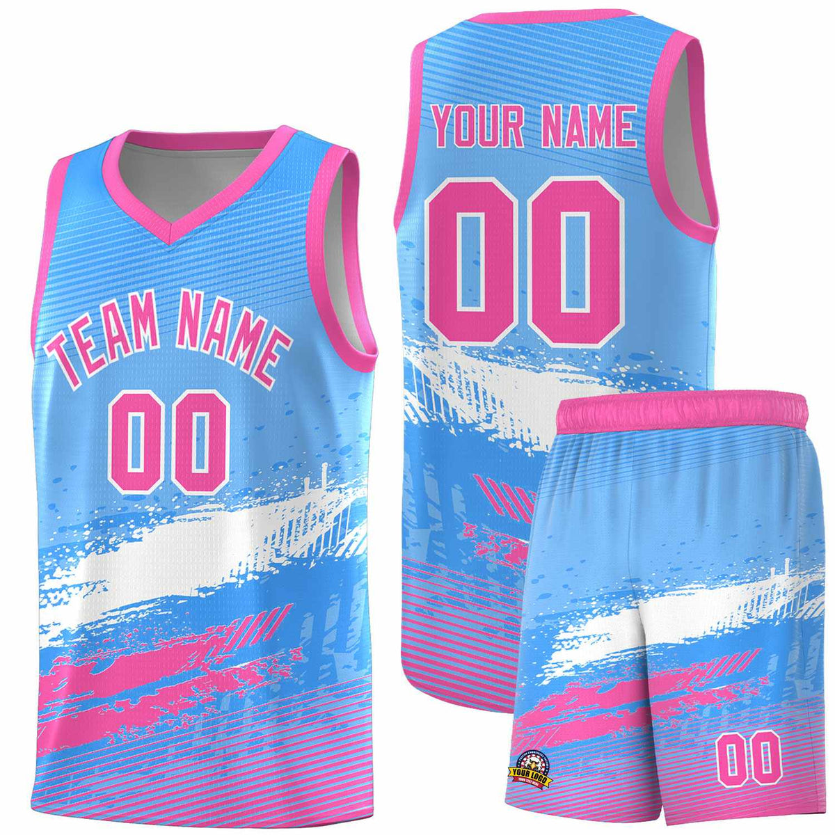 Custom Powder Blue White and Pink Graffiti Pattern Sports Uniform Basketball Jersey|KXKSHOP
