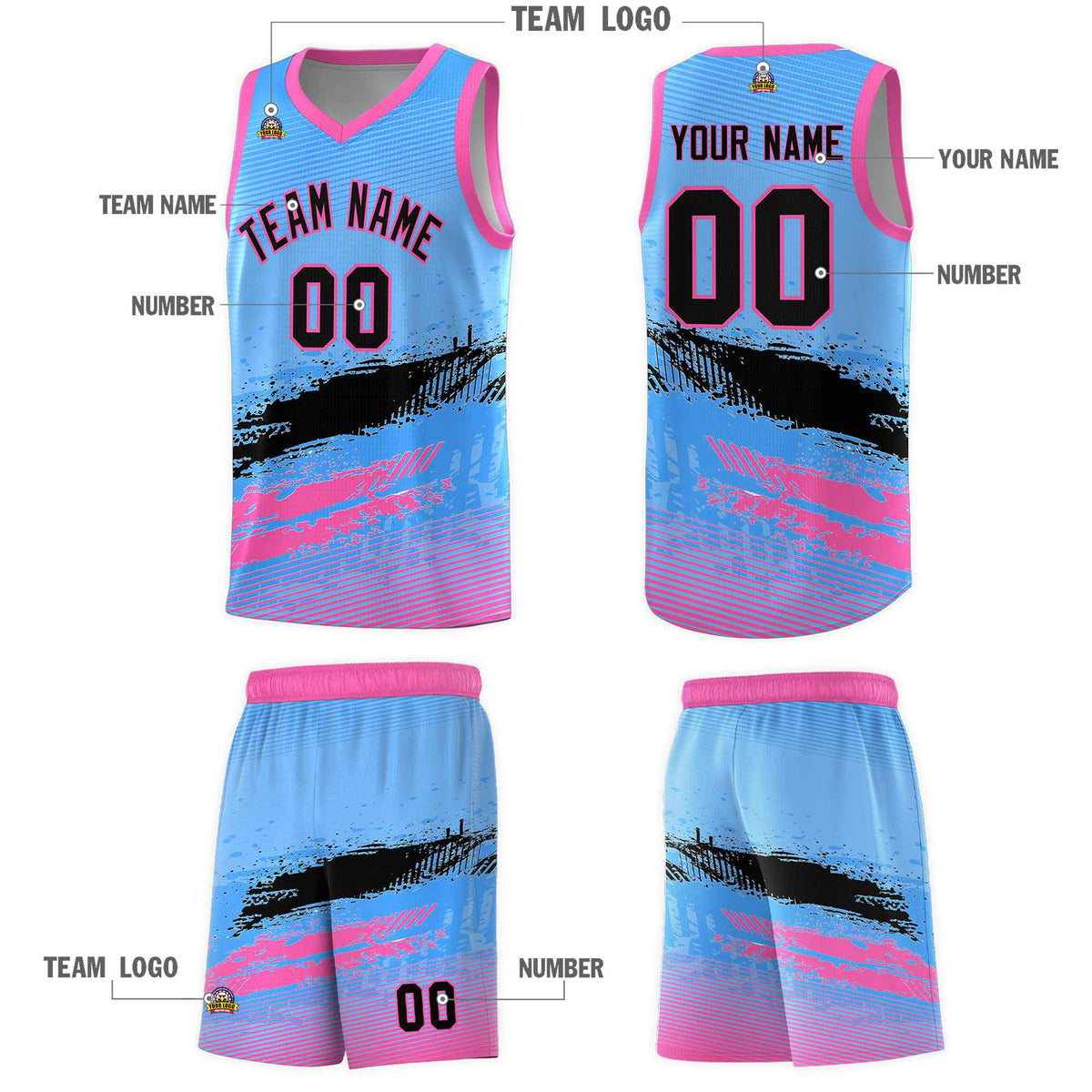 Custom Powder Blue Black and Pink Graffiti Pattern Sports Uniform Basketball Jersey|KXKSHOP