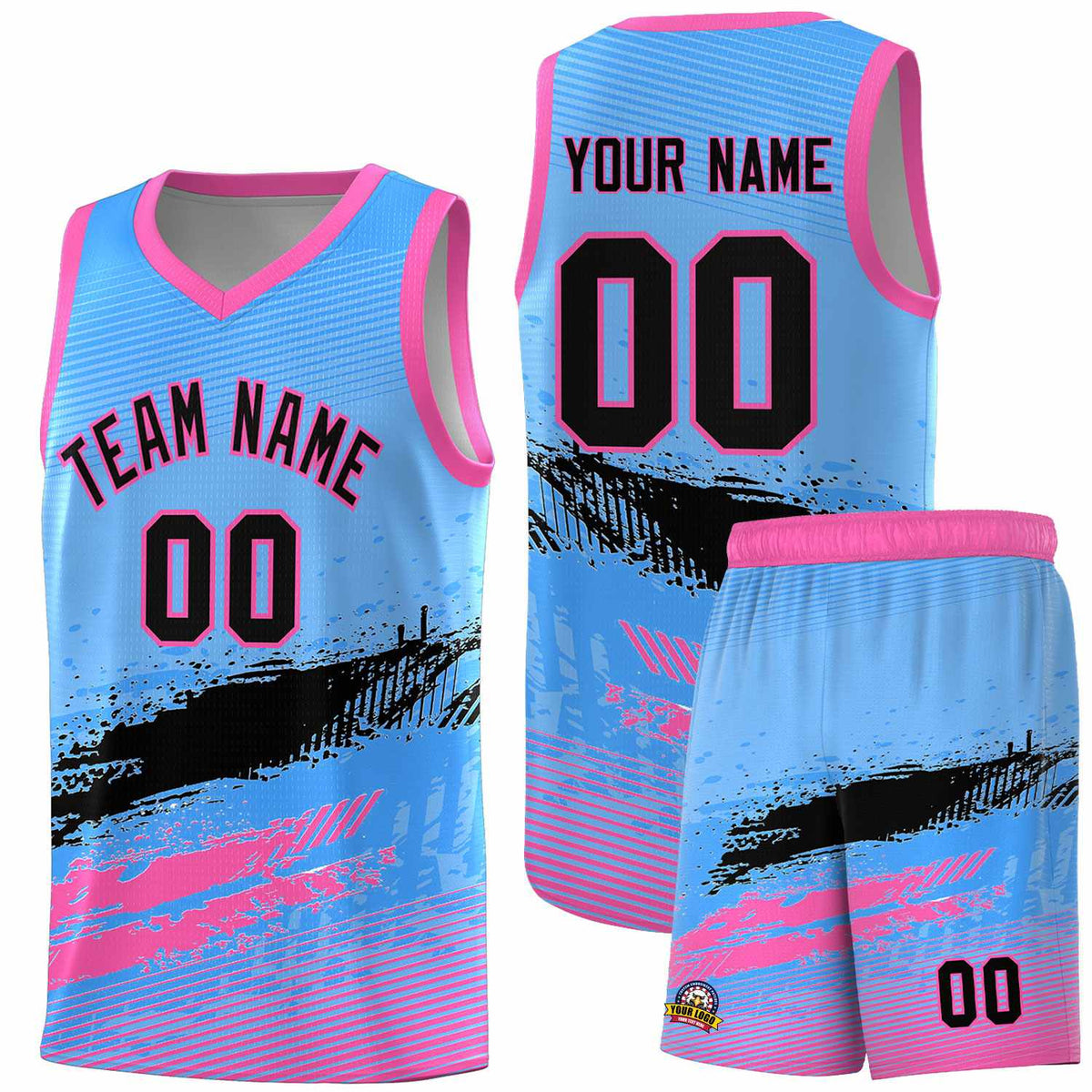 Custom Powder Blue Black and Pink Graffiti Pattern Sports Uniform Basketball Jersey|KXKSHOP
