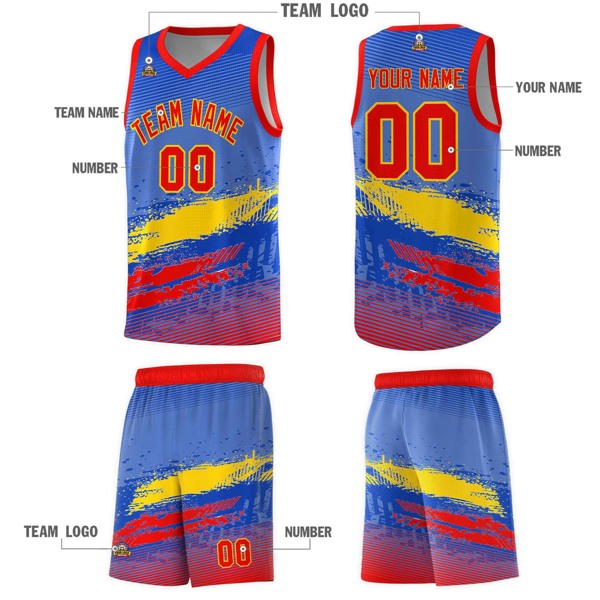 Custom Royal Gold and Red Graffiti Pattern Sports Uniform Basketball Jersey|KXKSHOP