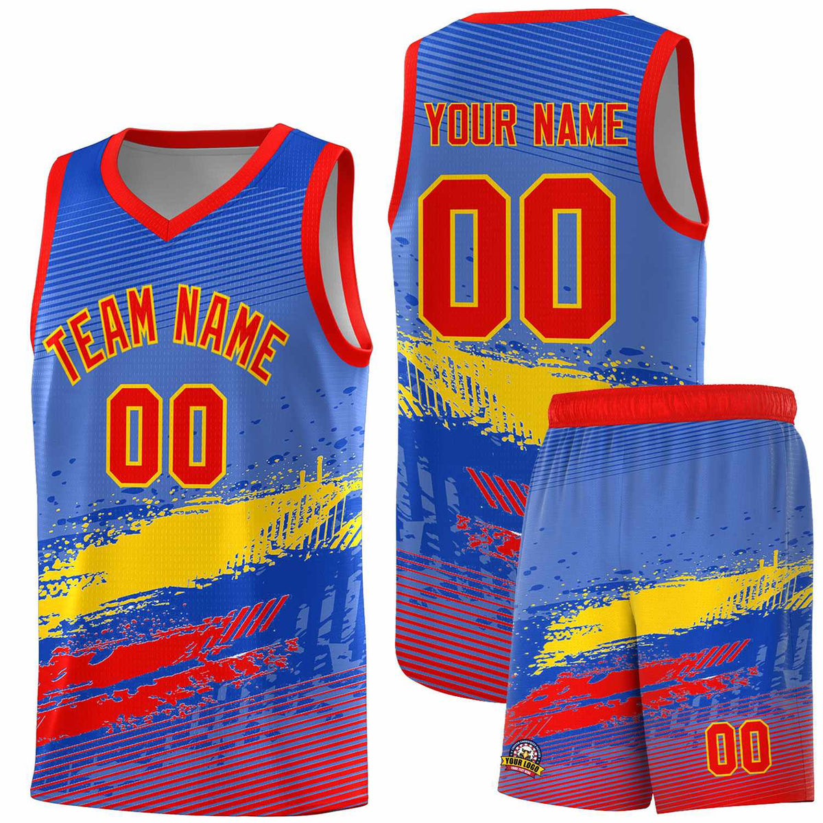 Custom Royal Gold and Red Graffiti Pattern Sports Uniform Basketball Jersey|KXKSHOP