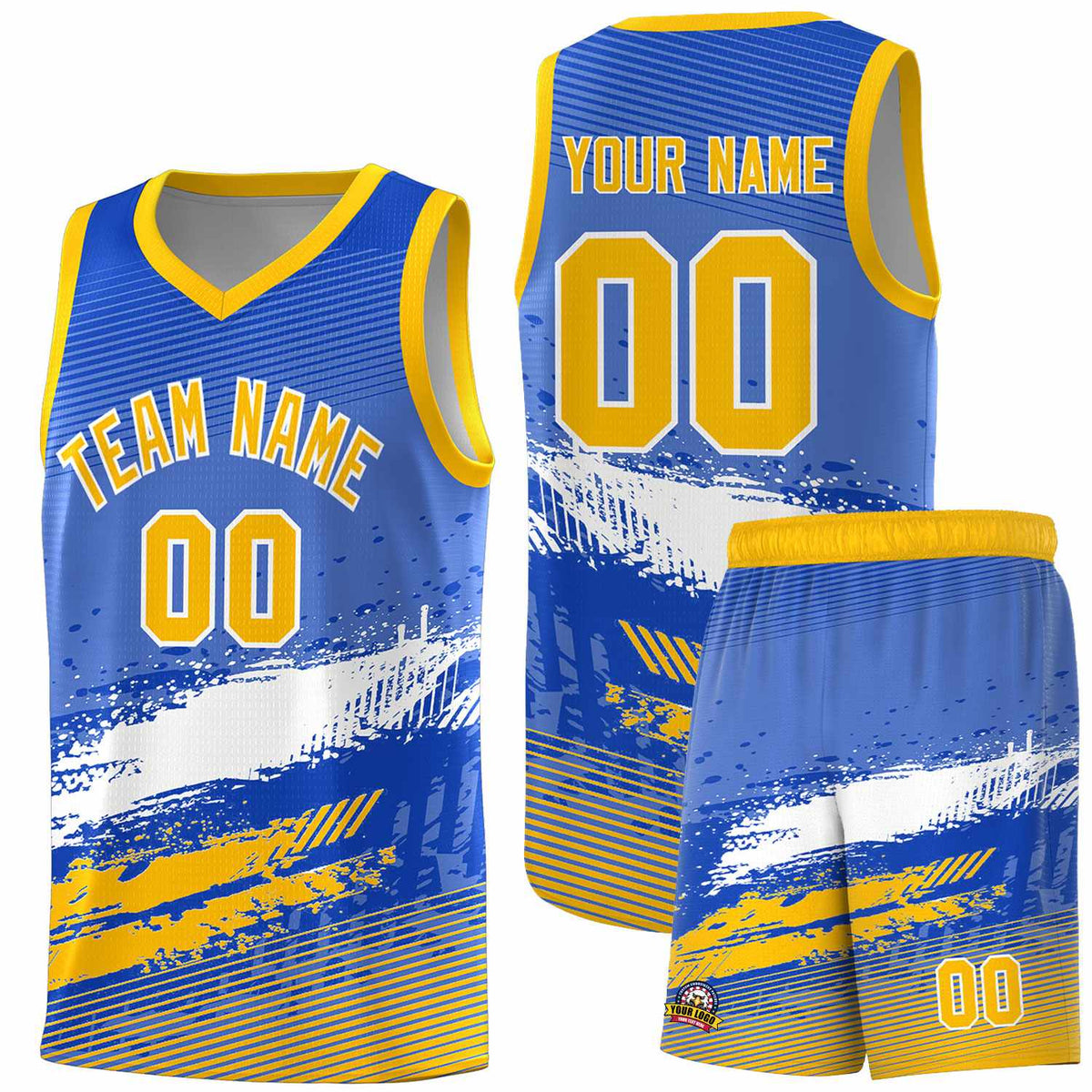 Custom Royal White and Yellow Graffiti Pattern Sports Uniform Basketball Jersey|KXKSHOP