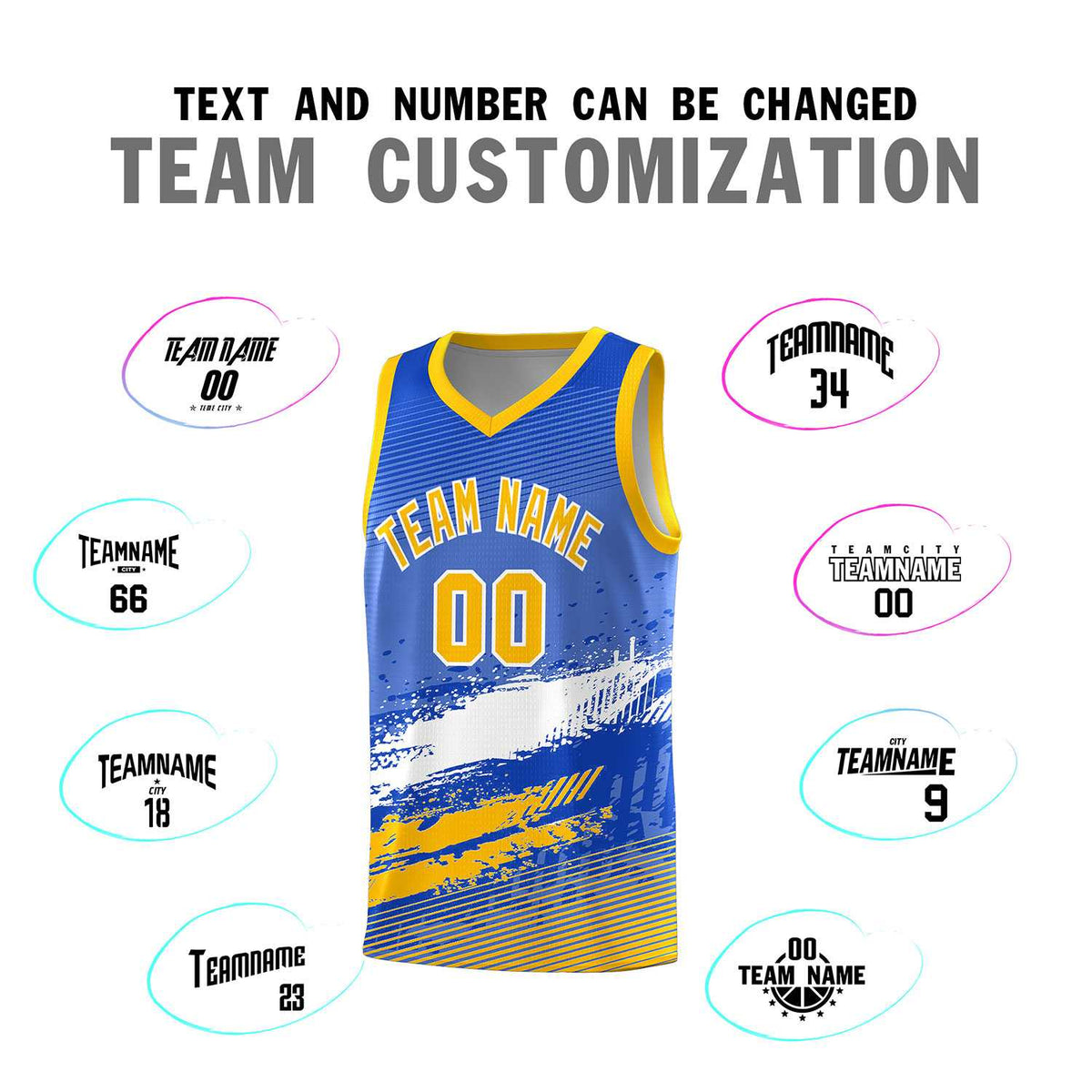 Custom Royal White and Yellow Graffiti Pattern Sports Uniform Basketball Jersey|KXKSHOP