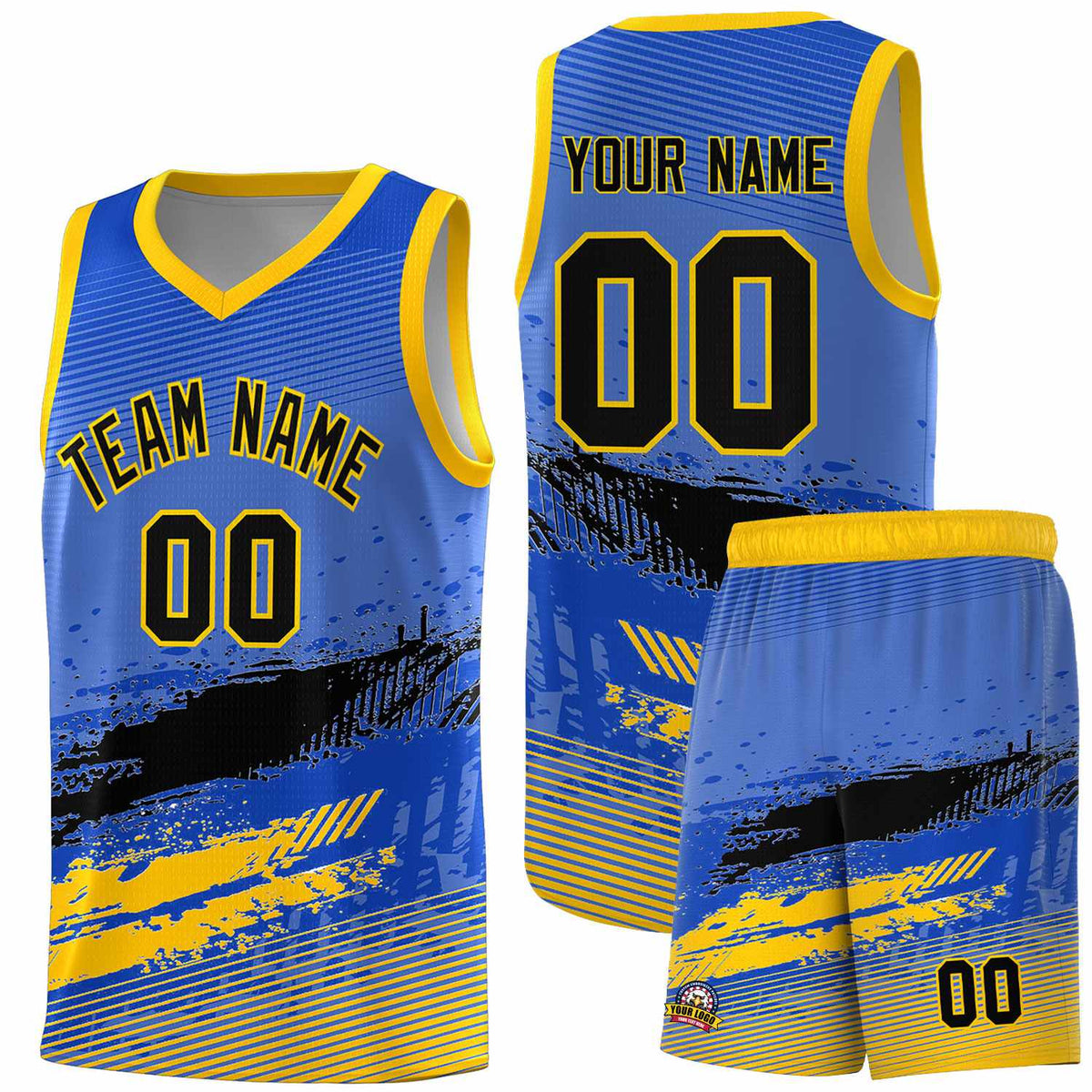 Custom Royal Black and Yellow Graffiti Pattern Sports Uniform Basketball Jersey|KXKSHOP