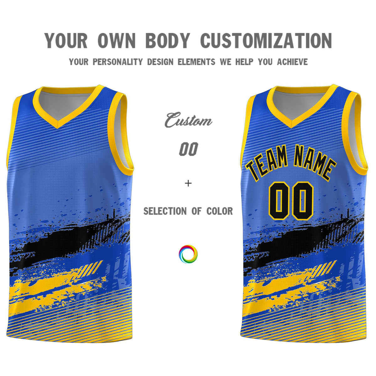 Custom Royal Black and Yellow Graffiti Pattern Sports Uniform Basketball Jersey|KXKSHOP