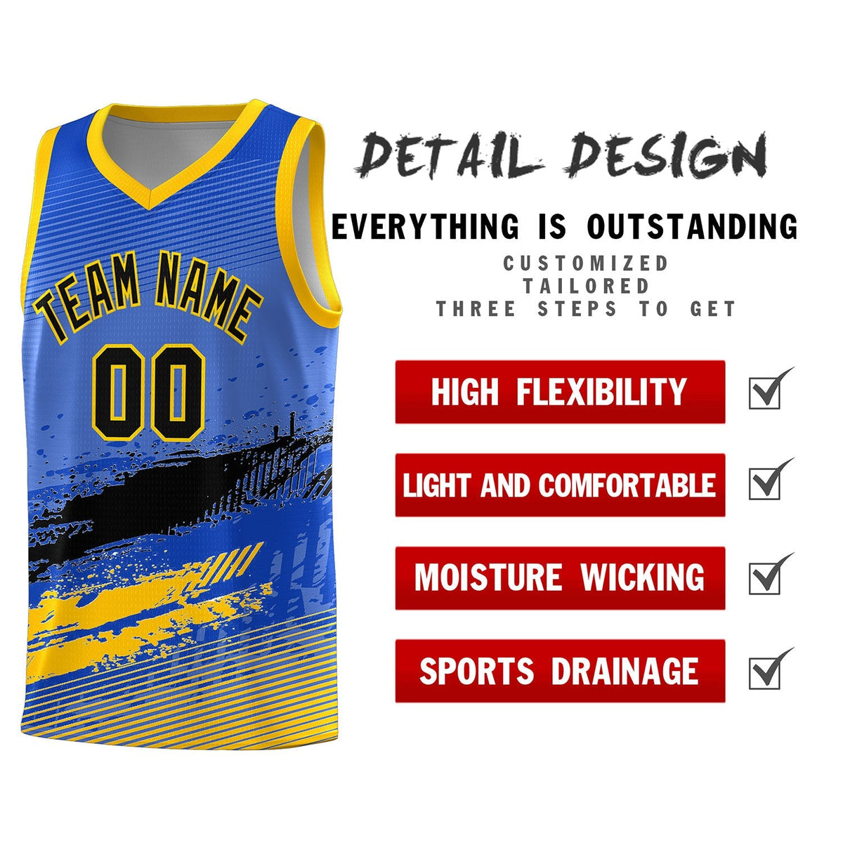 Custom Royal Black and Yellow Graffiti Pattern Sports Uniform Basketball Jersey|KXKSHOP