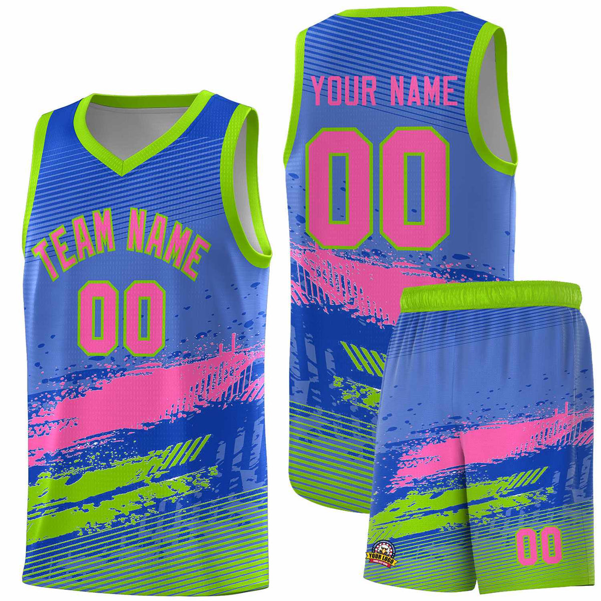 Custom Royal Pink and Neon Green Graffiti Pattern Sports Uniform Basketball Jersey|KXKSHOP