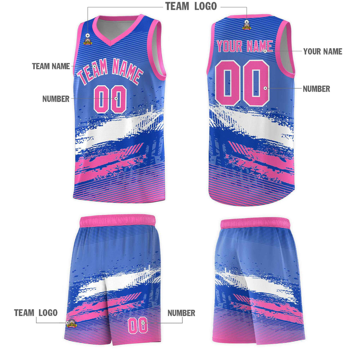 Custom Royal White and Pink Graffiti Pattern Sports Uniform Basketball Jersey|KXKSHOP