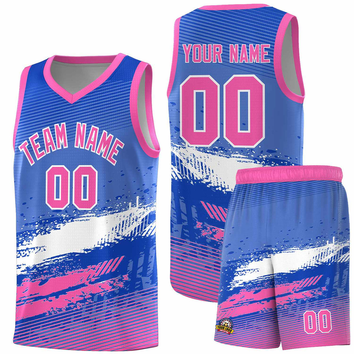 Custom Royal White and Pink Graffiti Pattern Sports Uniform Basketball Jersey|KXKSHOP