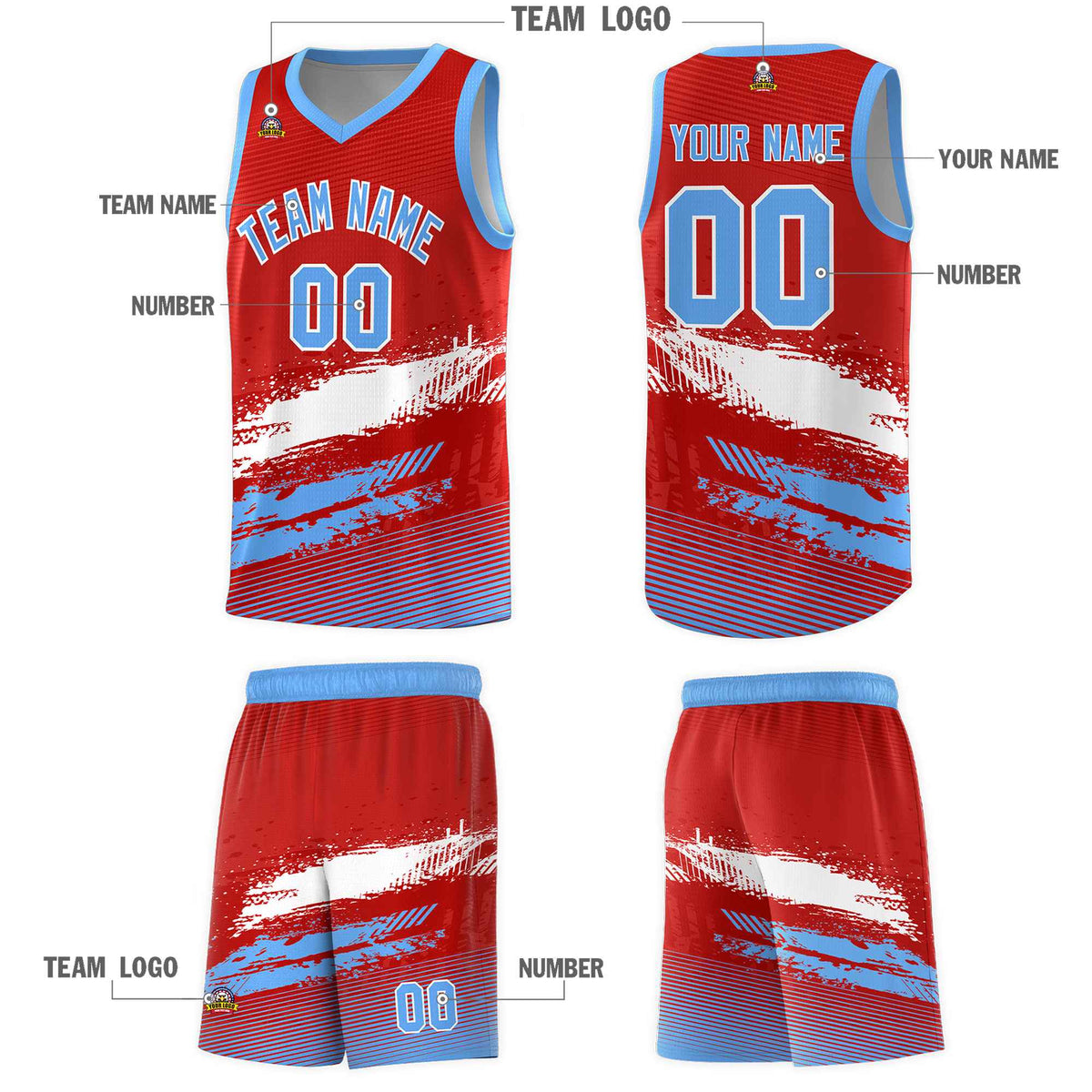 Custom Red White and Powder Blue Graffiti Pattern Sports Uniform Basketball Jersey|KXKSHOP