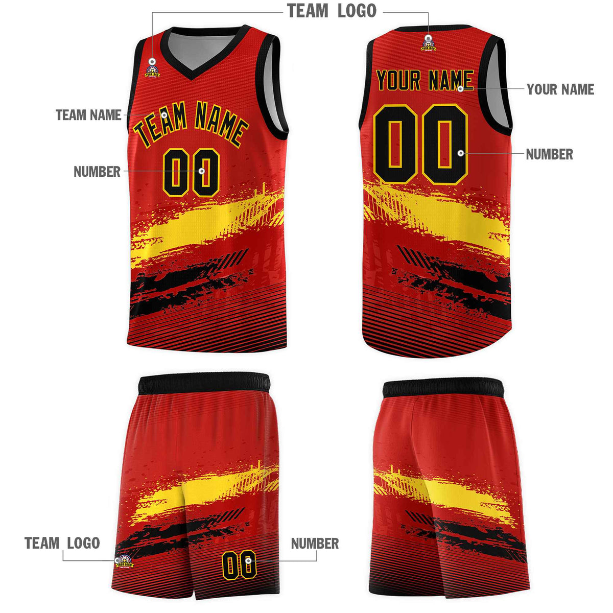 Custom Red Gold and Black Graffiti Pattern Sports Uniform Basketball Jersey|KXKSHOP