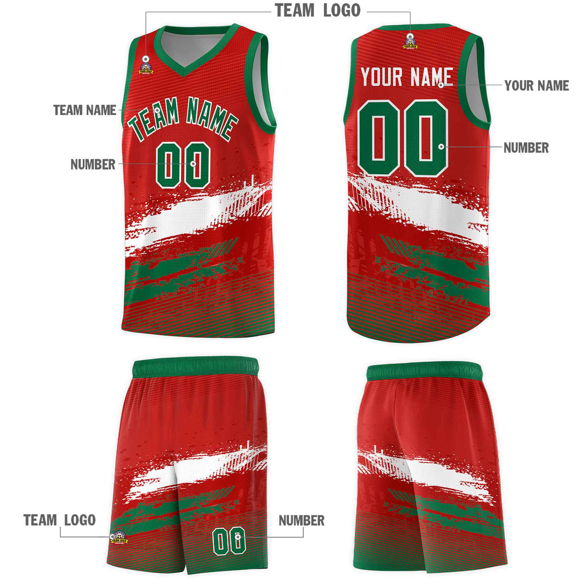 Custom Red White and Kelly Green Graffiti Pattern Sports Uniform Basketball Jersey|KXKSHOP