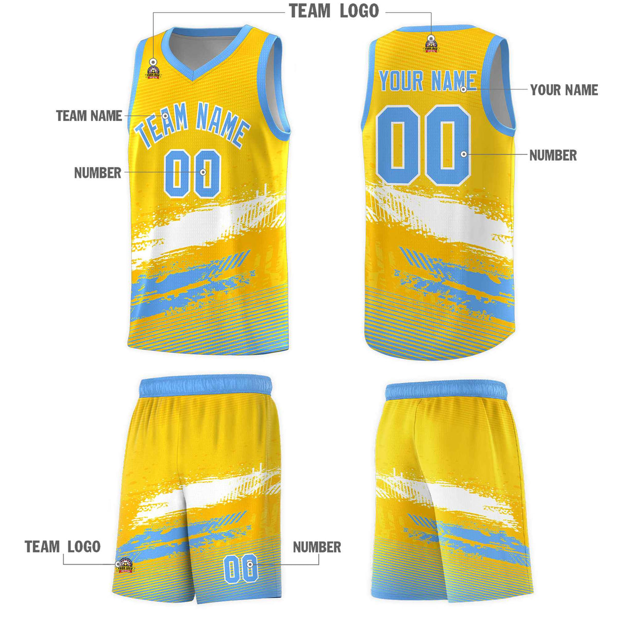 Custom Yellow White and Powder Blue Graffiti Pattern Sports Uniform Basketball Jersey|KXKSHOP